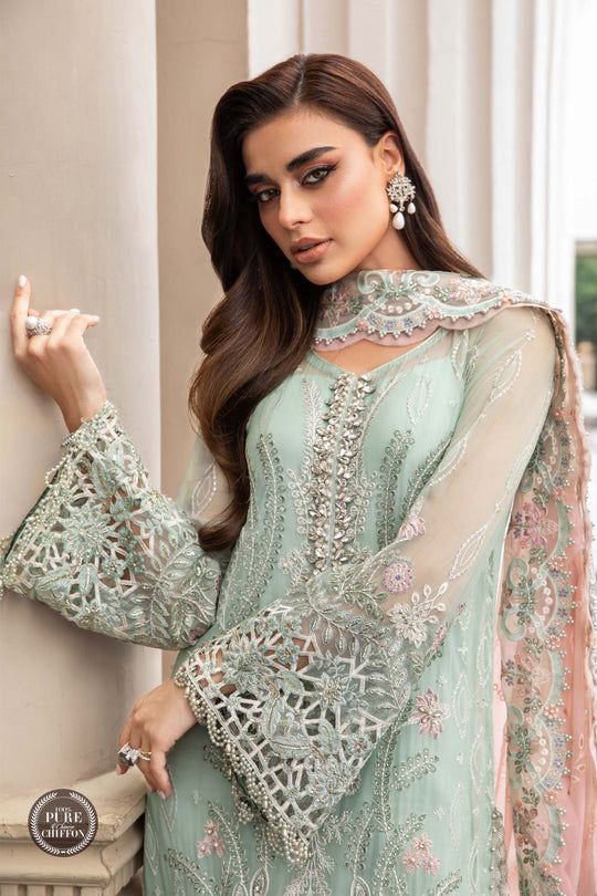 Maria B Sea Green Pink dupatta Luxury Chiffon Dress