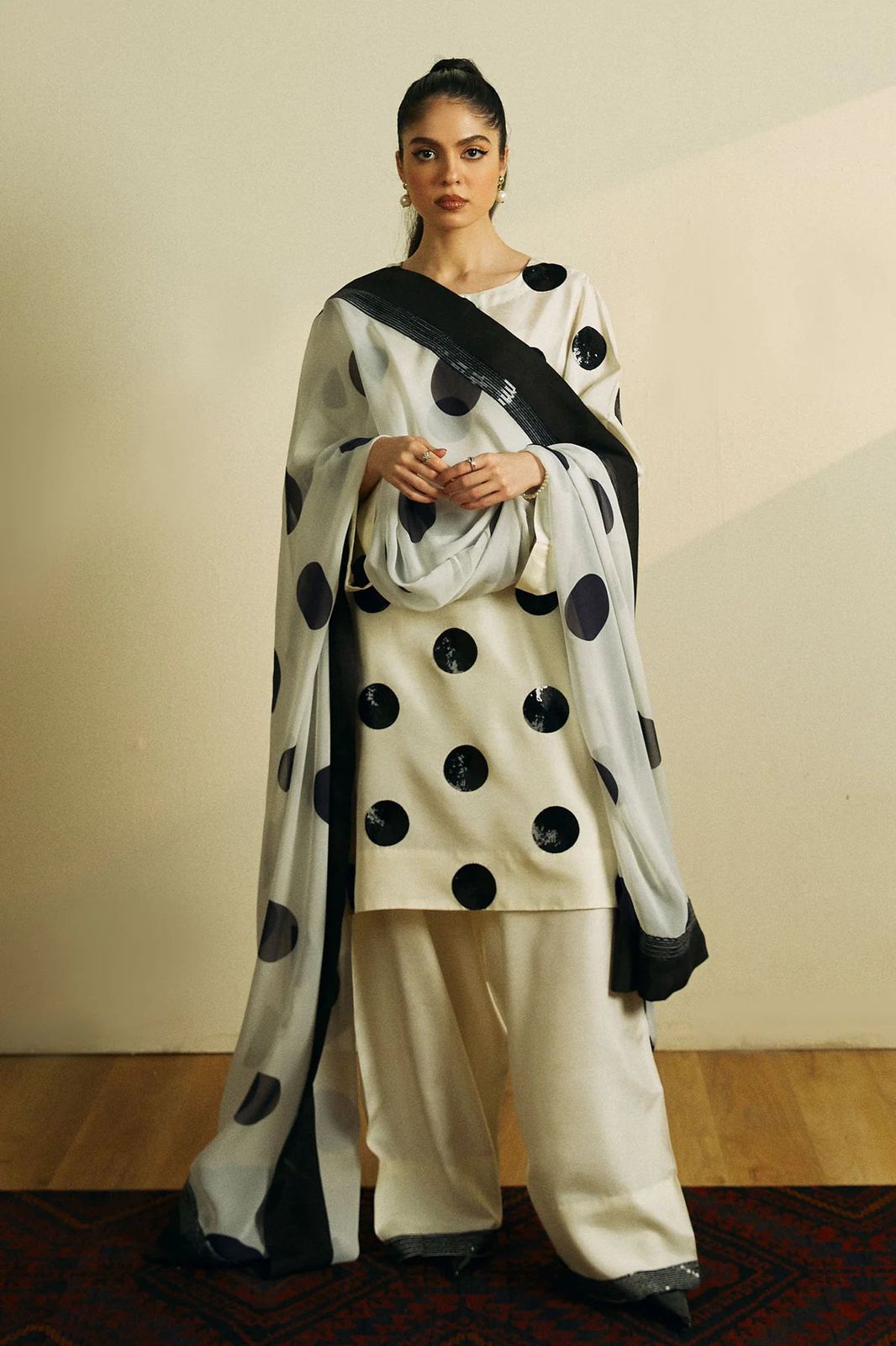 Zara Shahjahan White & Black Polka Dress