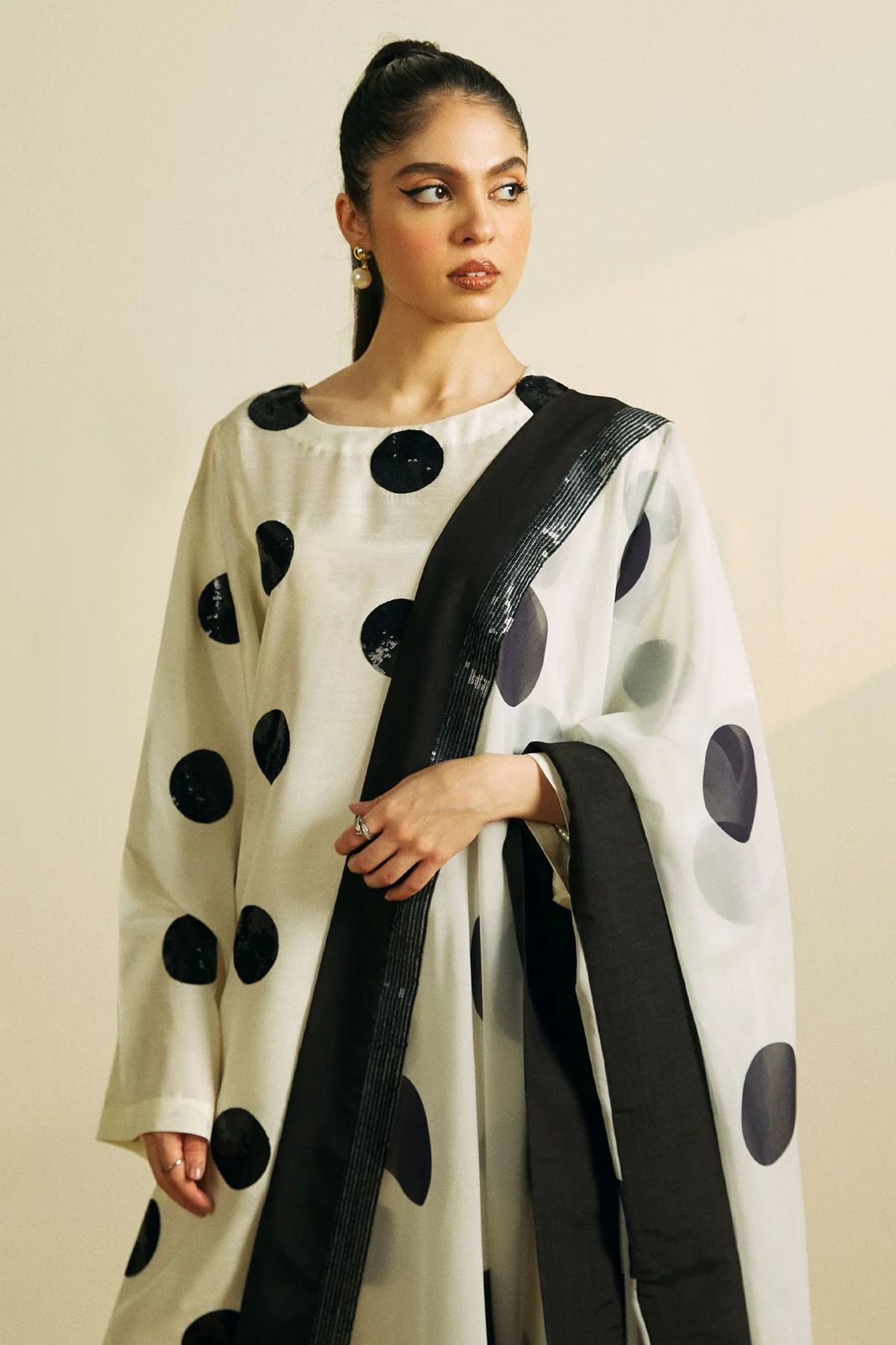 Zara Shahjahan White & Black Polka Dress