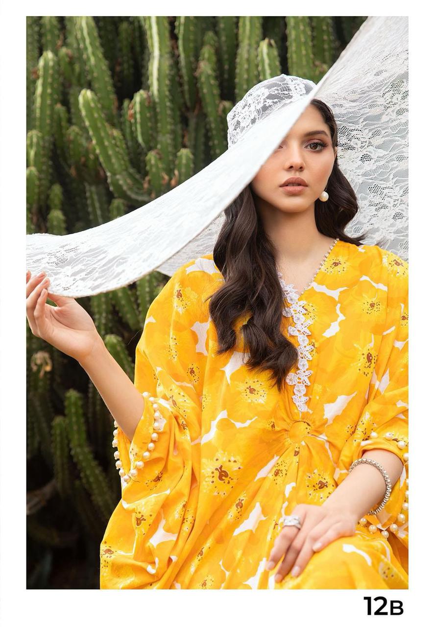 Maria B M Print Yellow flowers Luxury Lawn Dress