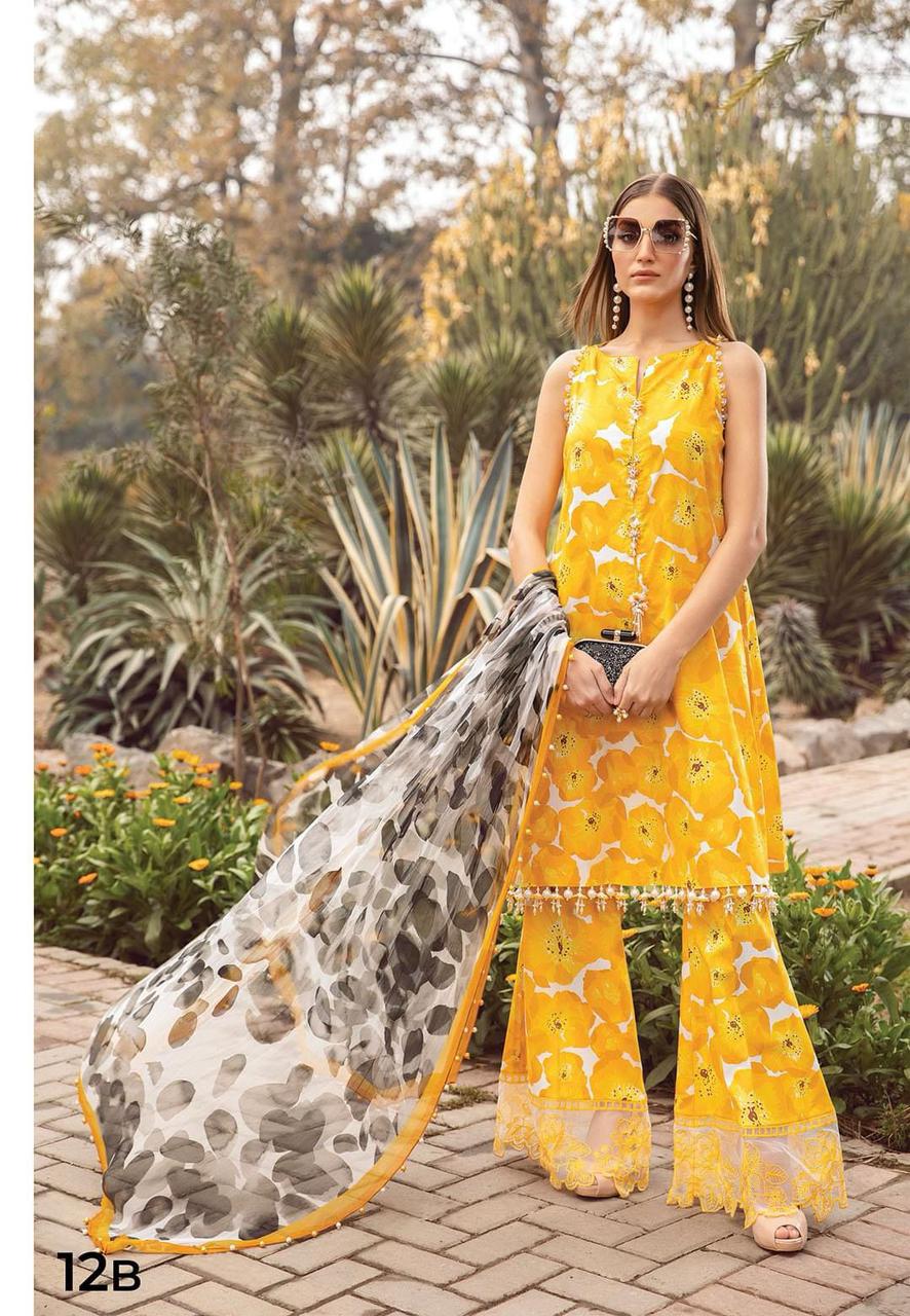 Maria B M Print Yellow flowers Luxury Lawn Dress