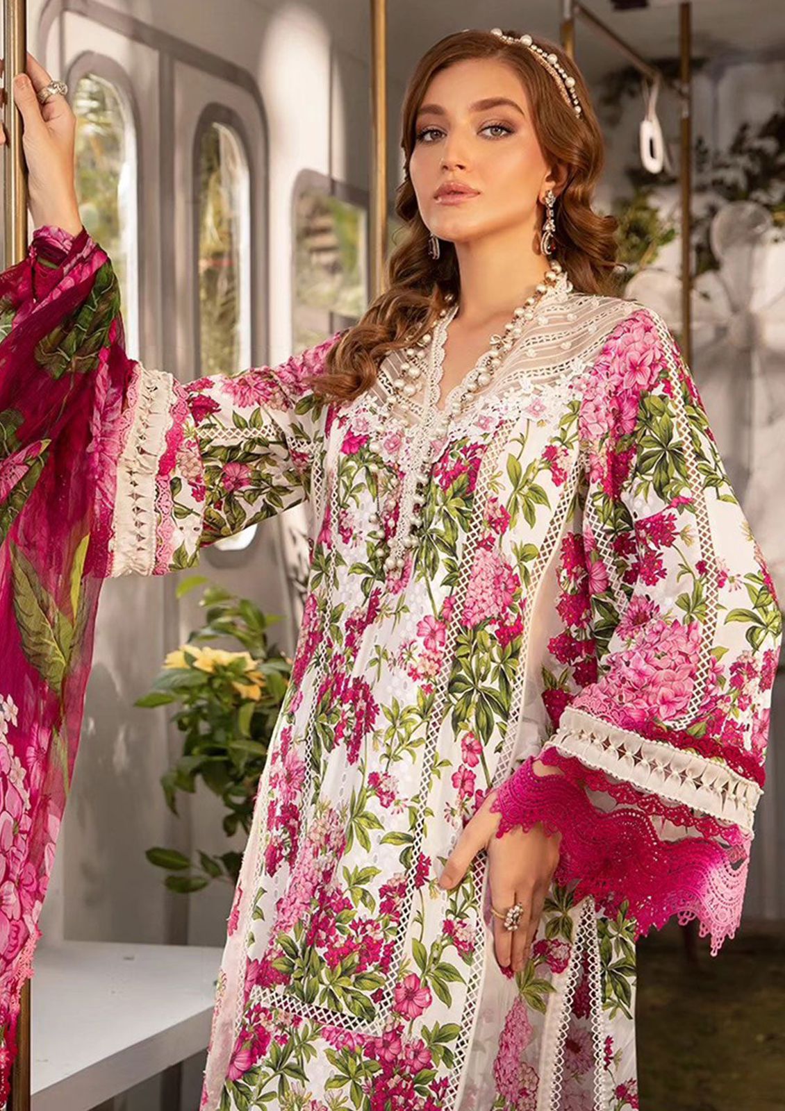 Maria B M Print White n Pink Luxury lawn Dress