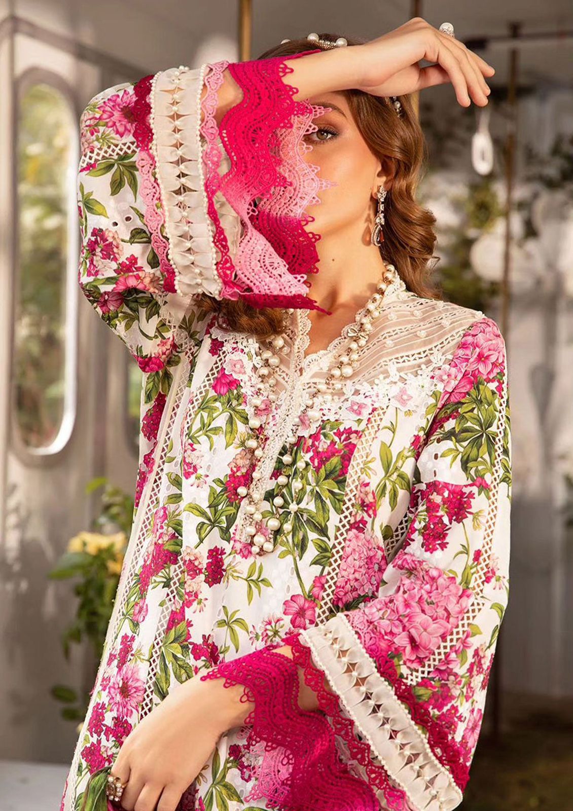 Maria B M Print White n Pink Luxury lawn Dress