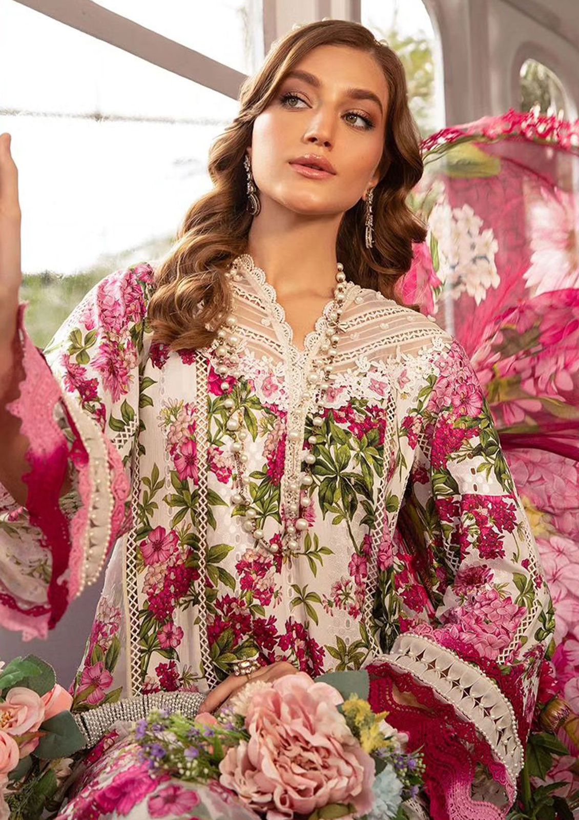 Maria B M Print White n Pink Luxury lawn Dress