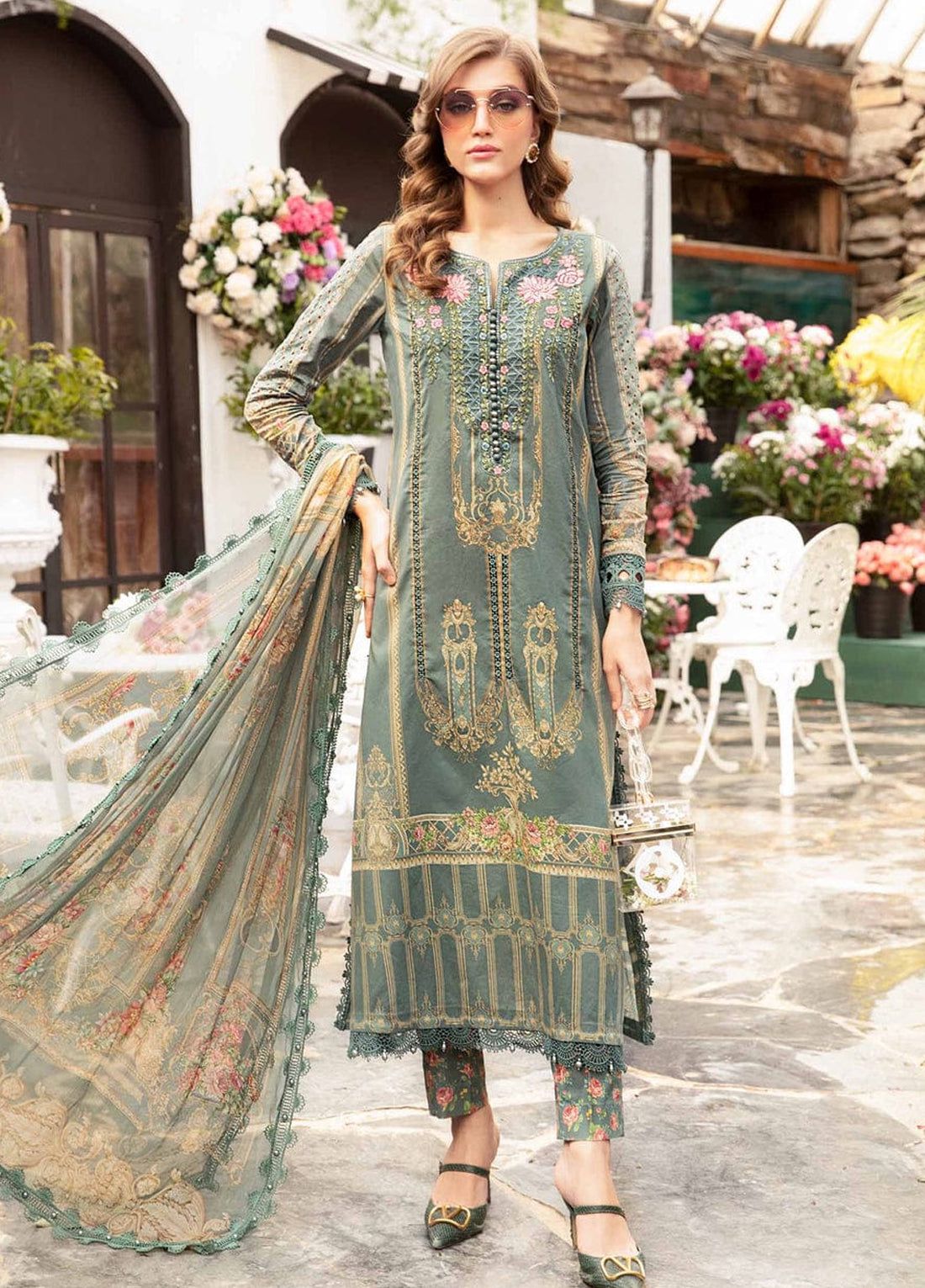 Maria B M Print Green Luxury lawn Dress