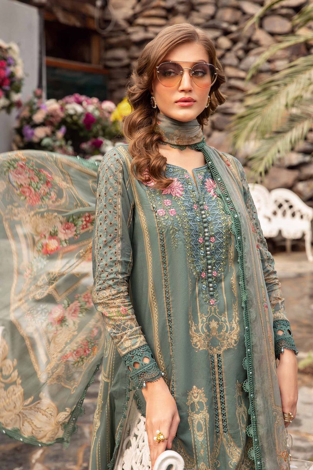 Maria B M Print Green Luxury lawn Dress