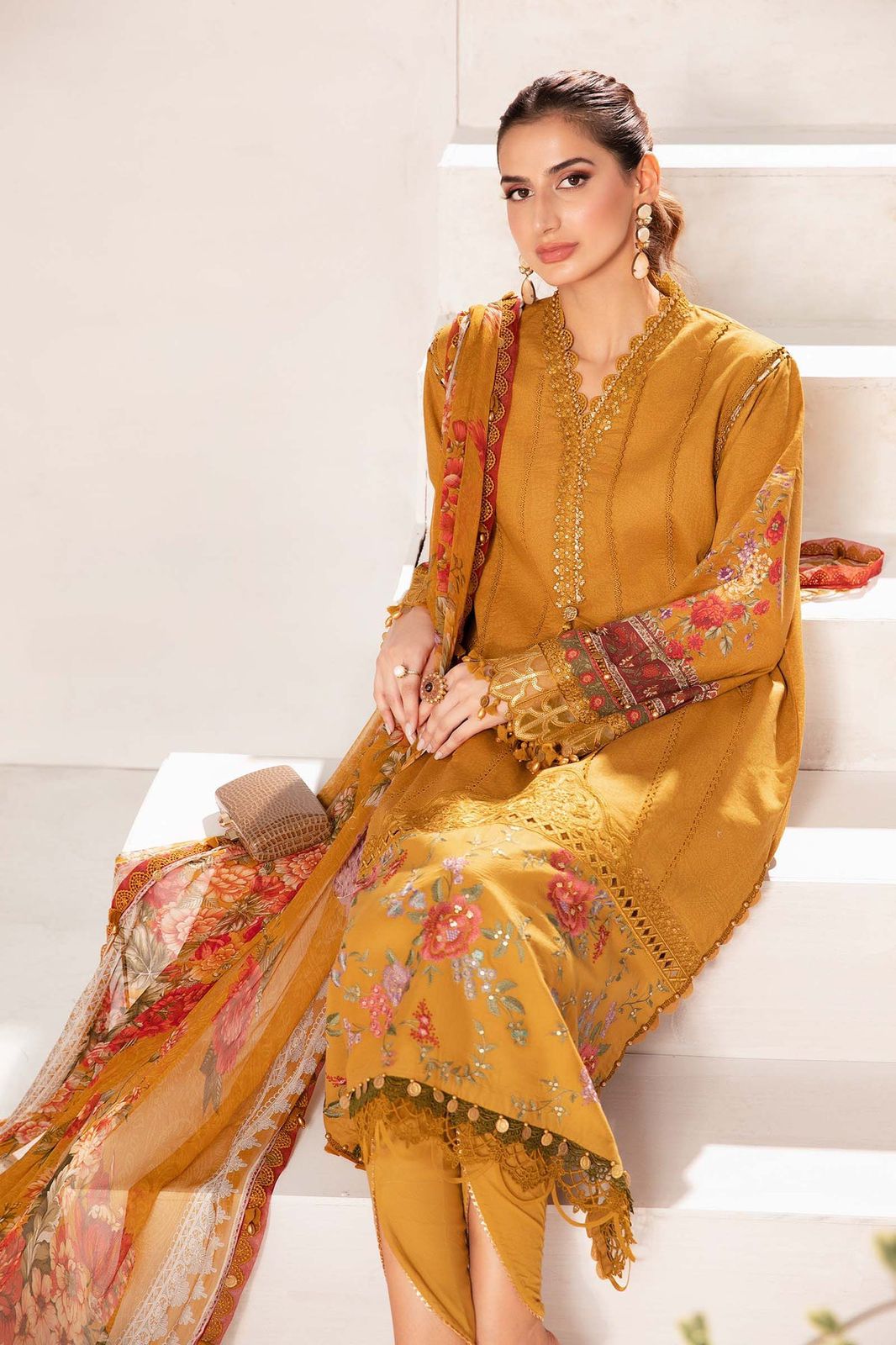 Maria B M Print Mustard Luxury Lawn Dress