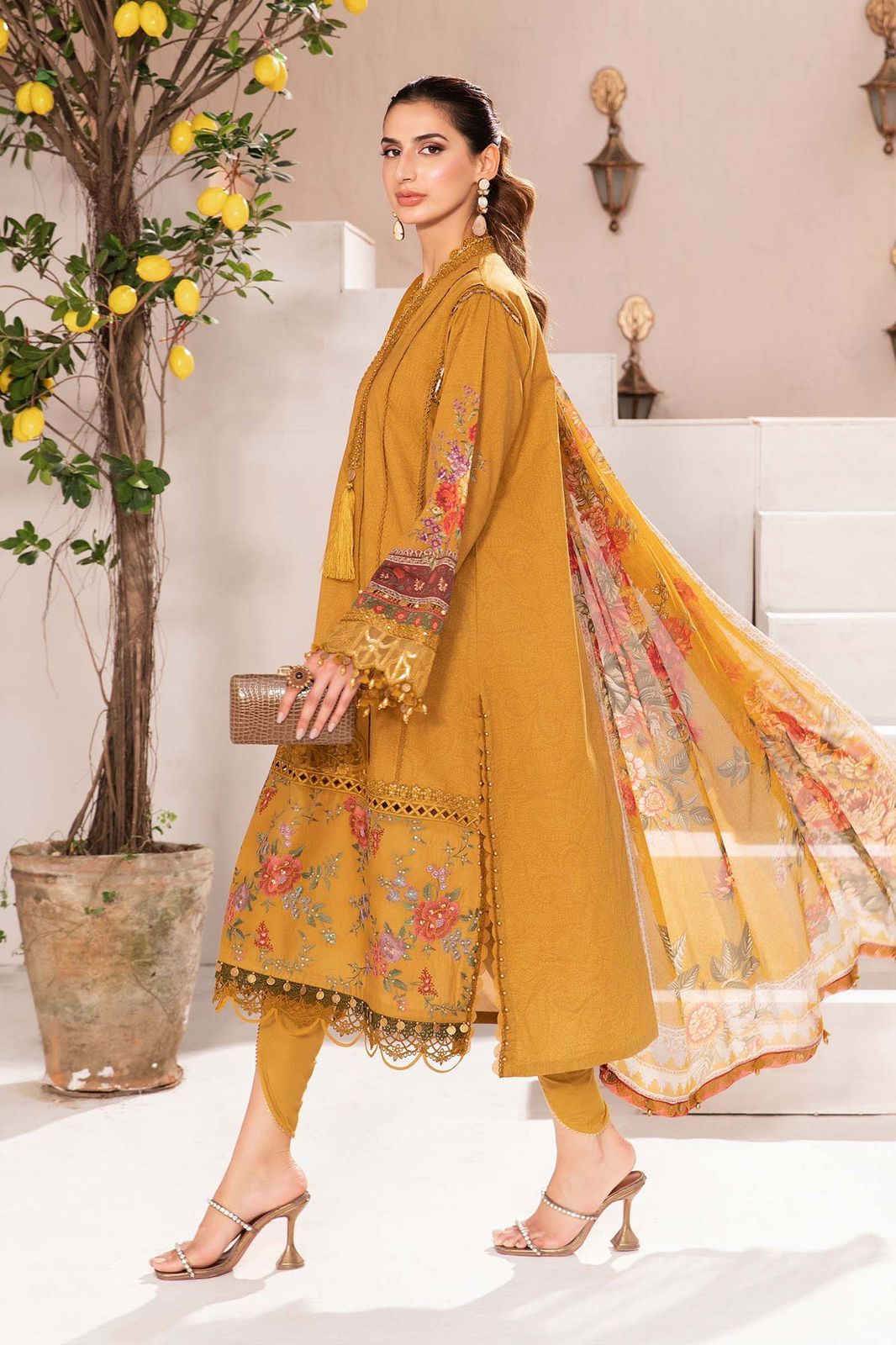 Maria B M Print Mustard Luxury Lawn Dress