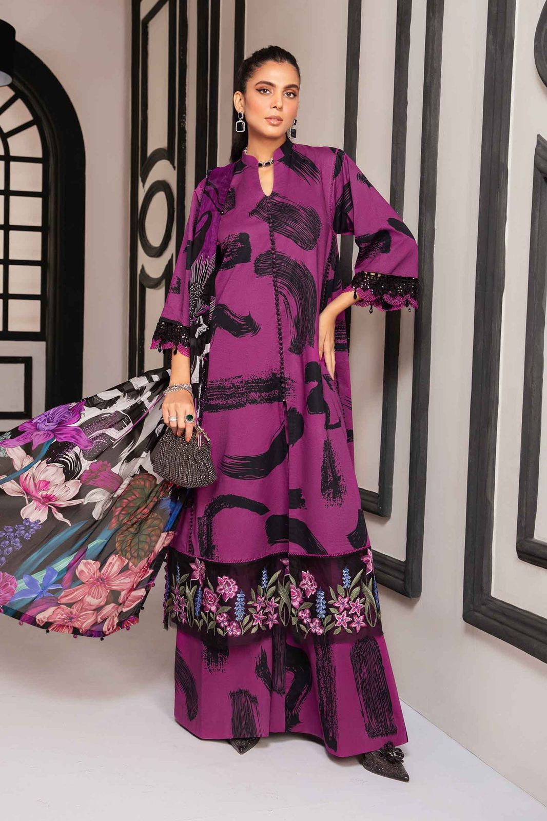 Maria B M Print Purple N Black Luxury Lawn Dress