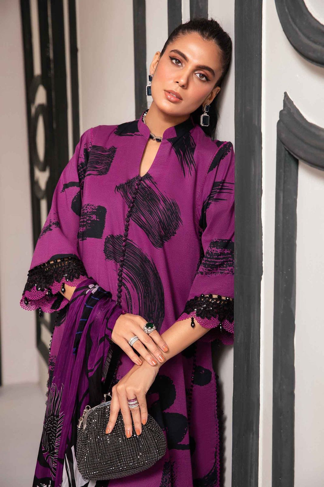 Maria B M Print Purple N Black Luxury Lawn Dress