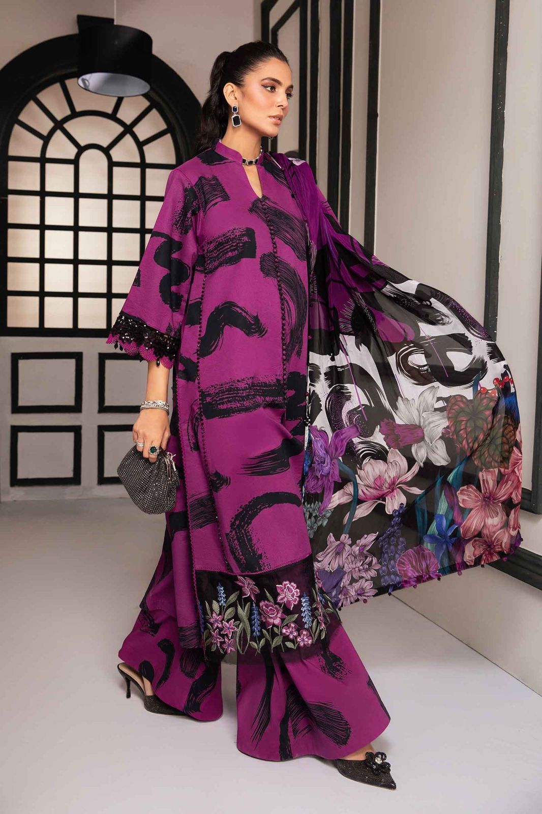 Maria B M Print Purple N Black Luxury Lawn Dress