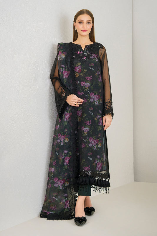 Baroque Black Purple Floral Luxury Organza Dress