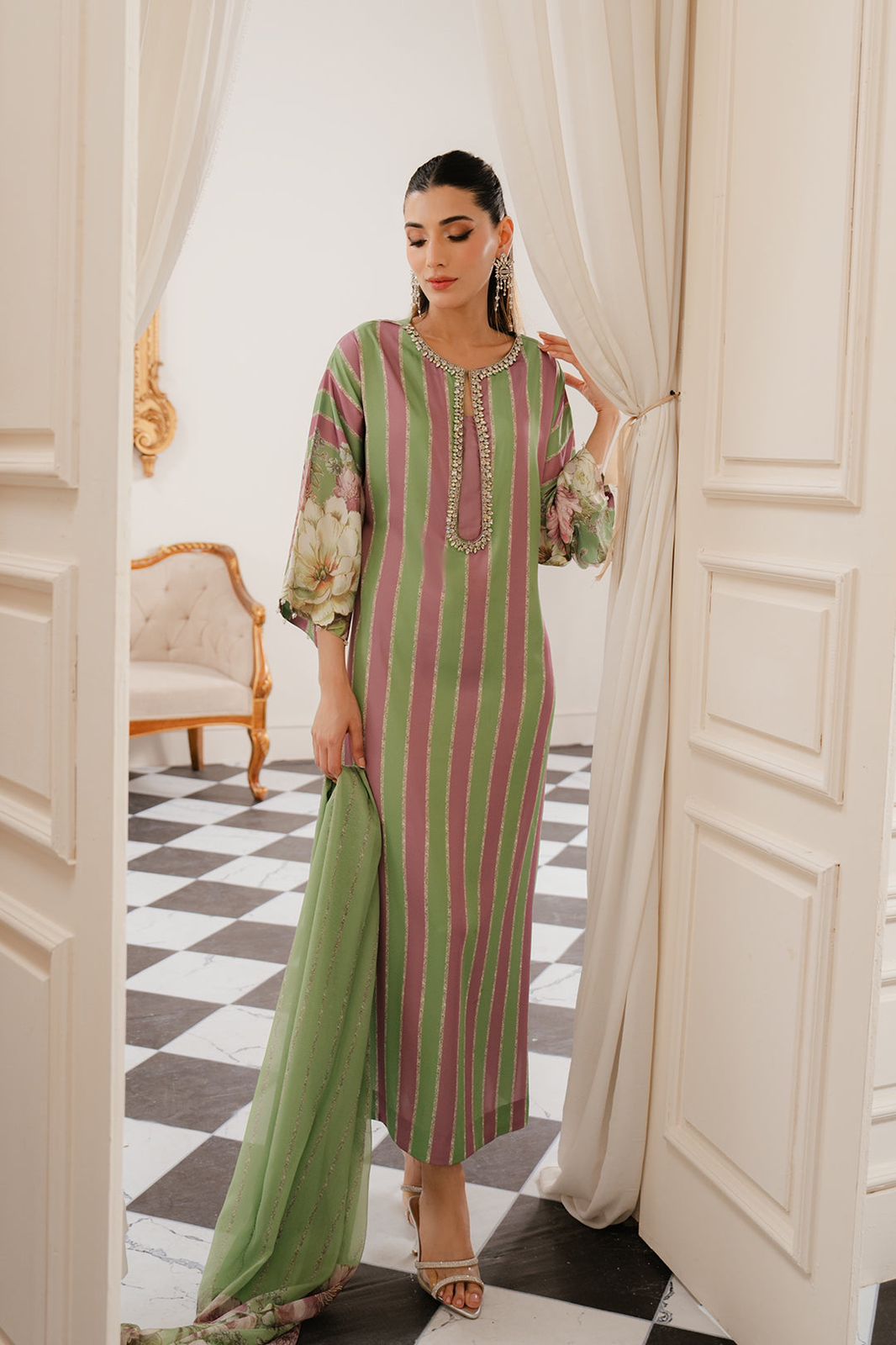 Embroidered Green & Pink Stripe Silk Dress