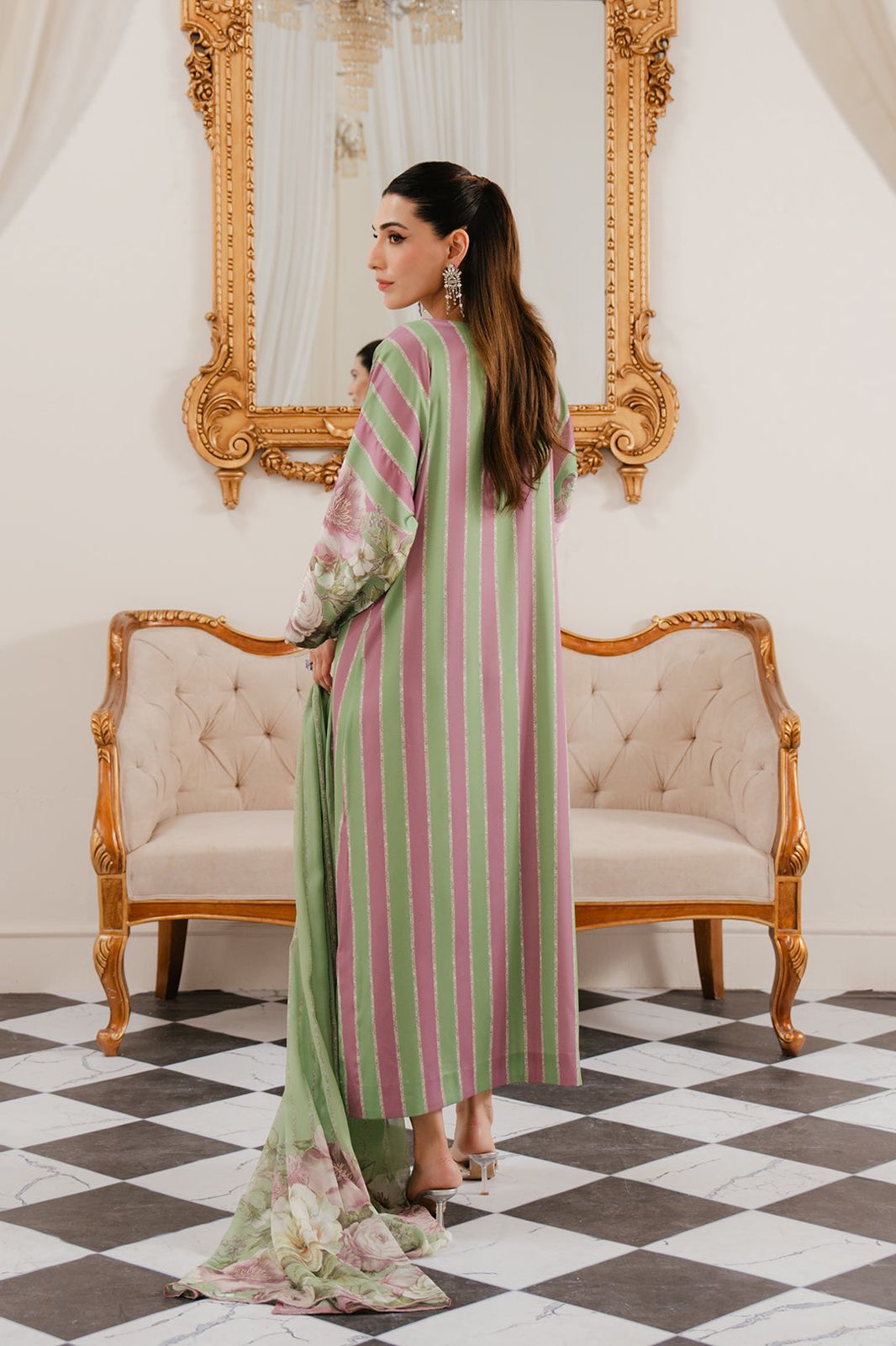 Embroidered Green & Pink Stripe Silk Dress