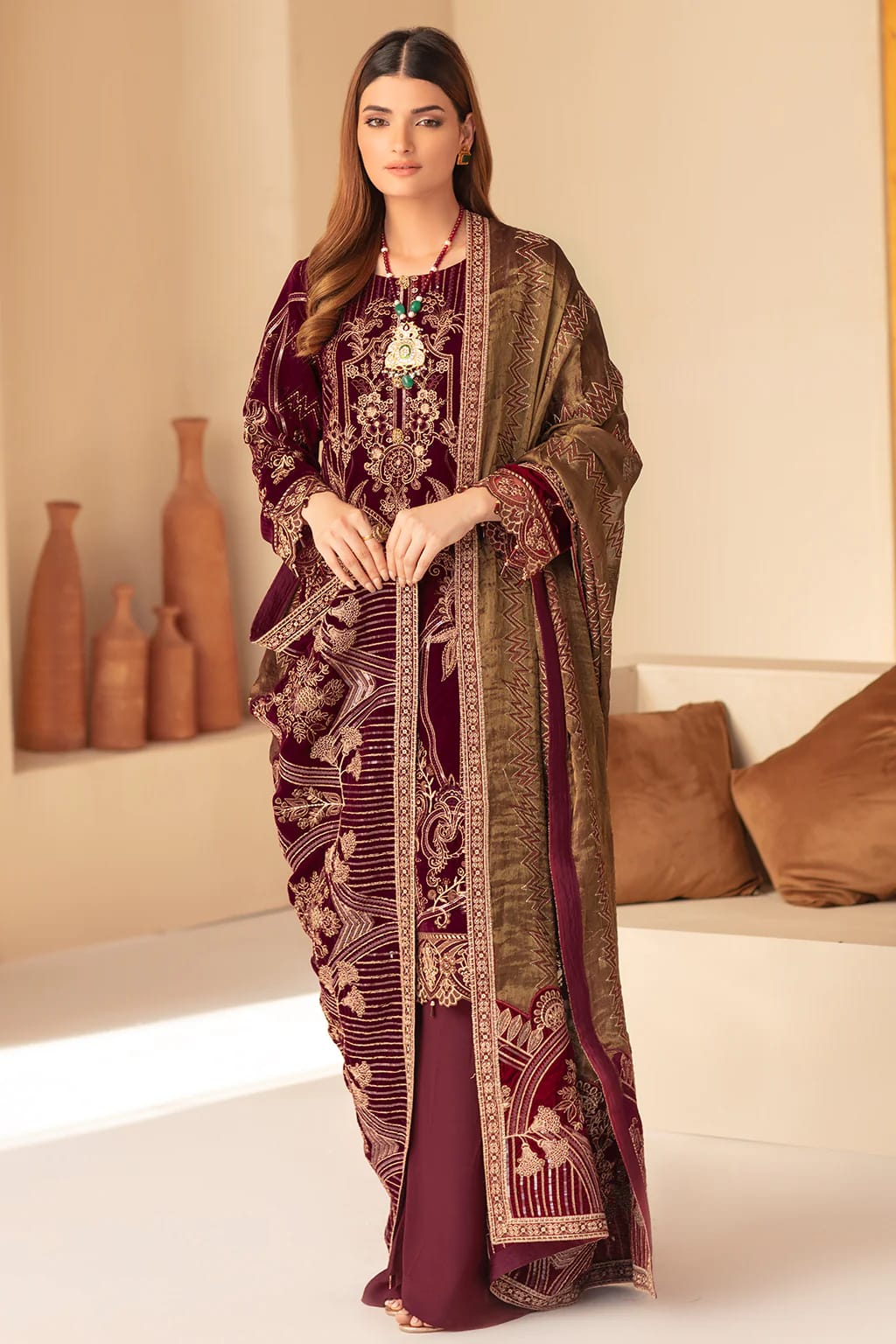 Embroidered Marron Luxury Velvet Dress