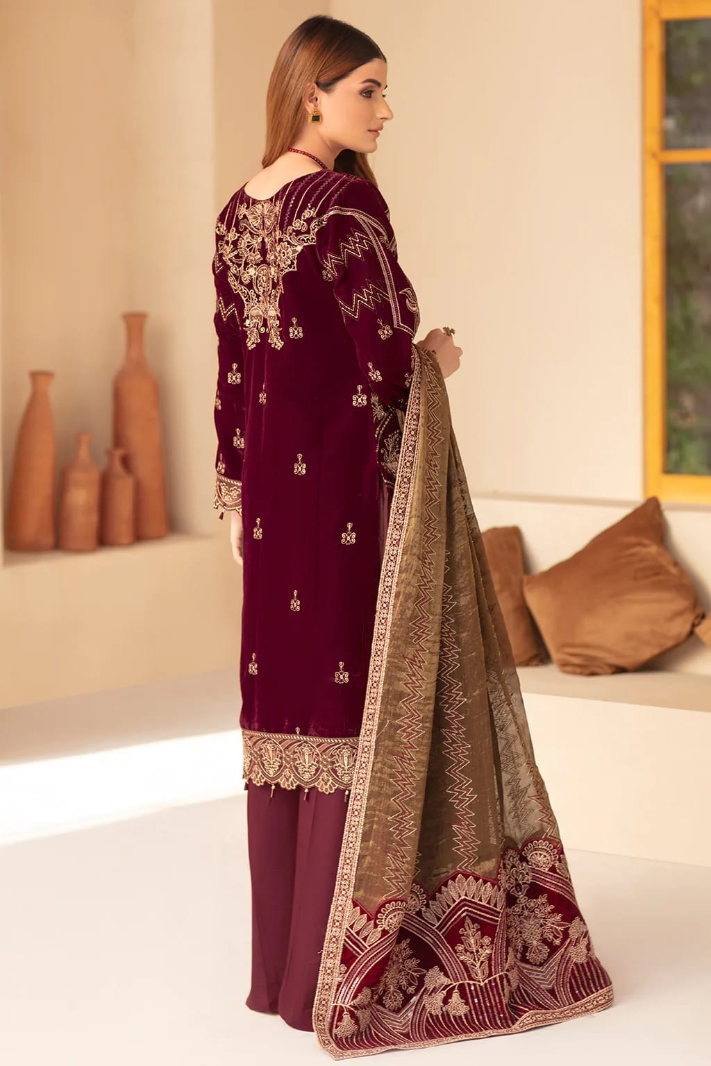 Embroidered Marron Luxury Velvet Dress