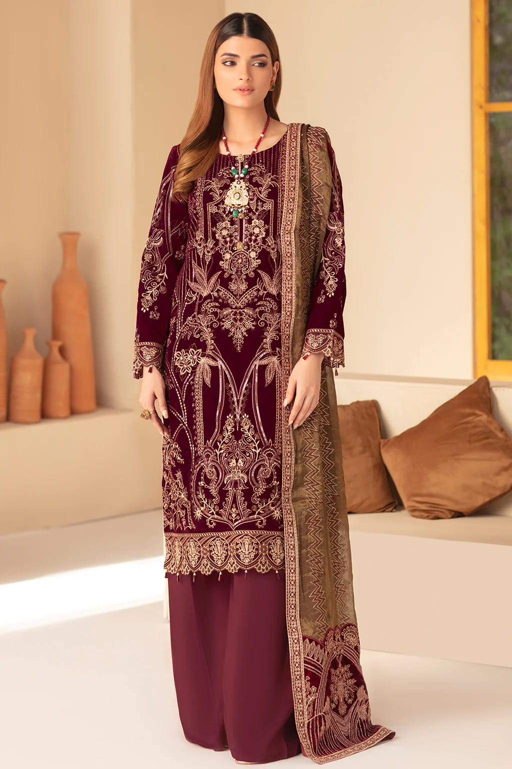 Embroidered Marron Luxury Velvet Dress