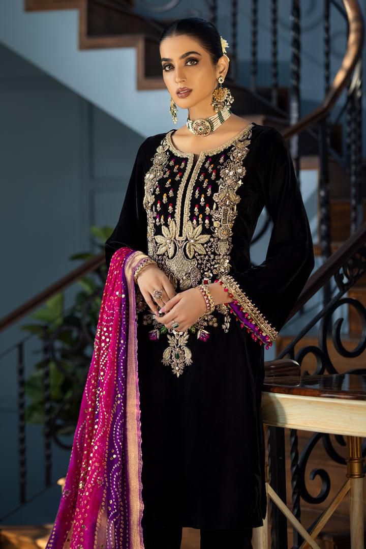 khudabaksh Black Luxury Velvet Dress