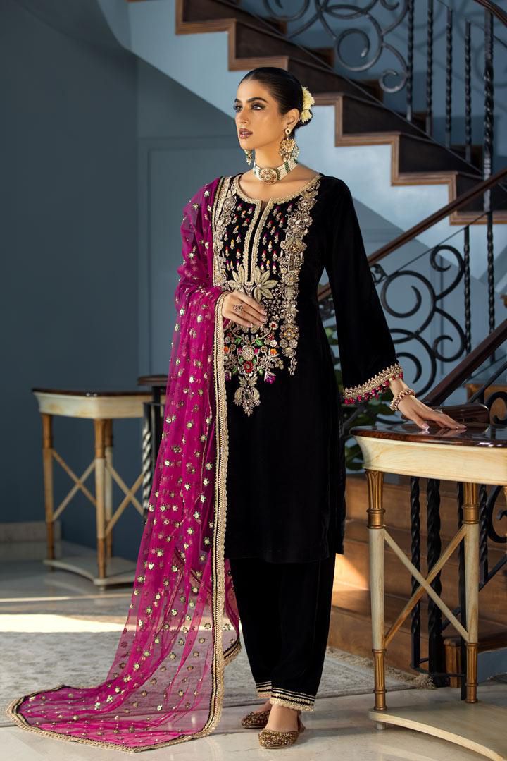 khudabaksh Black Luxury Velvet Dress