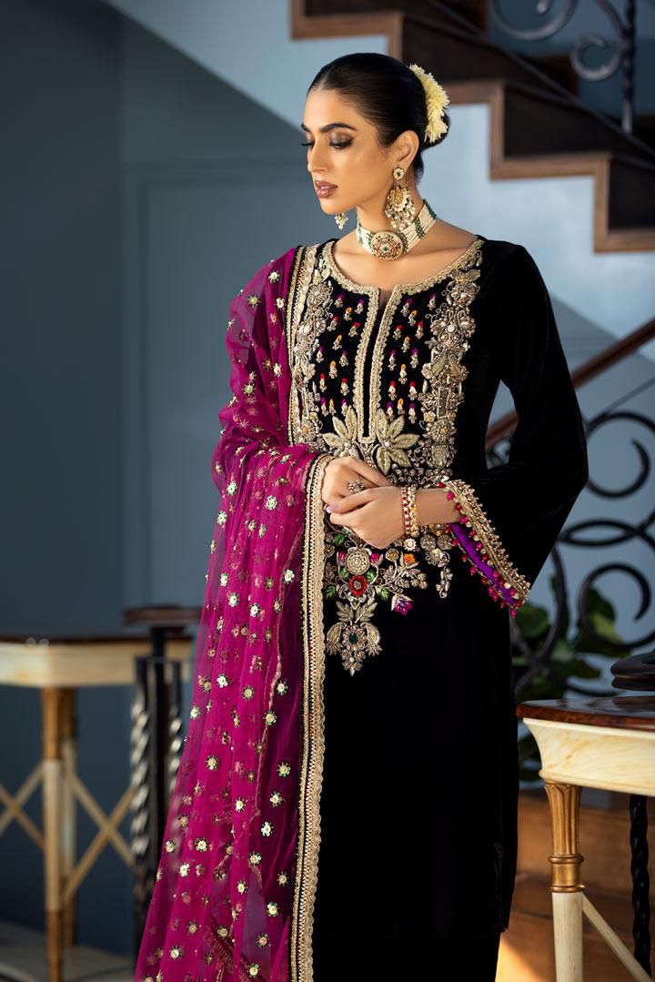 khudabaksh Black Luxury Velvet Dress