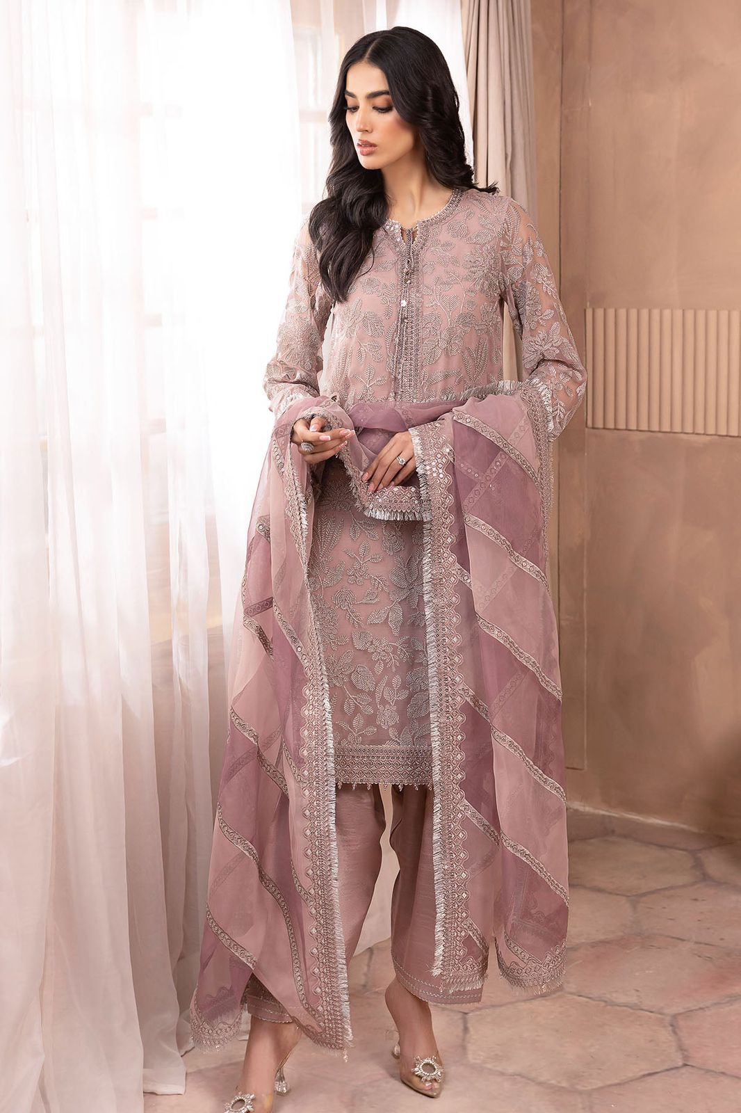 Embroidered Tea Pink Luxury Chiffon Dress