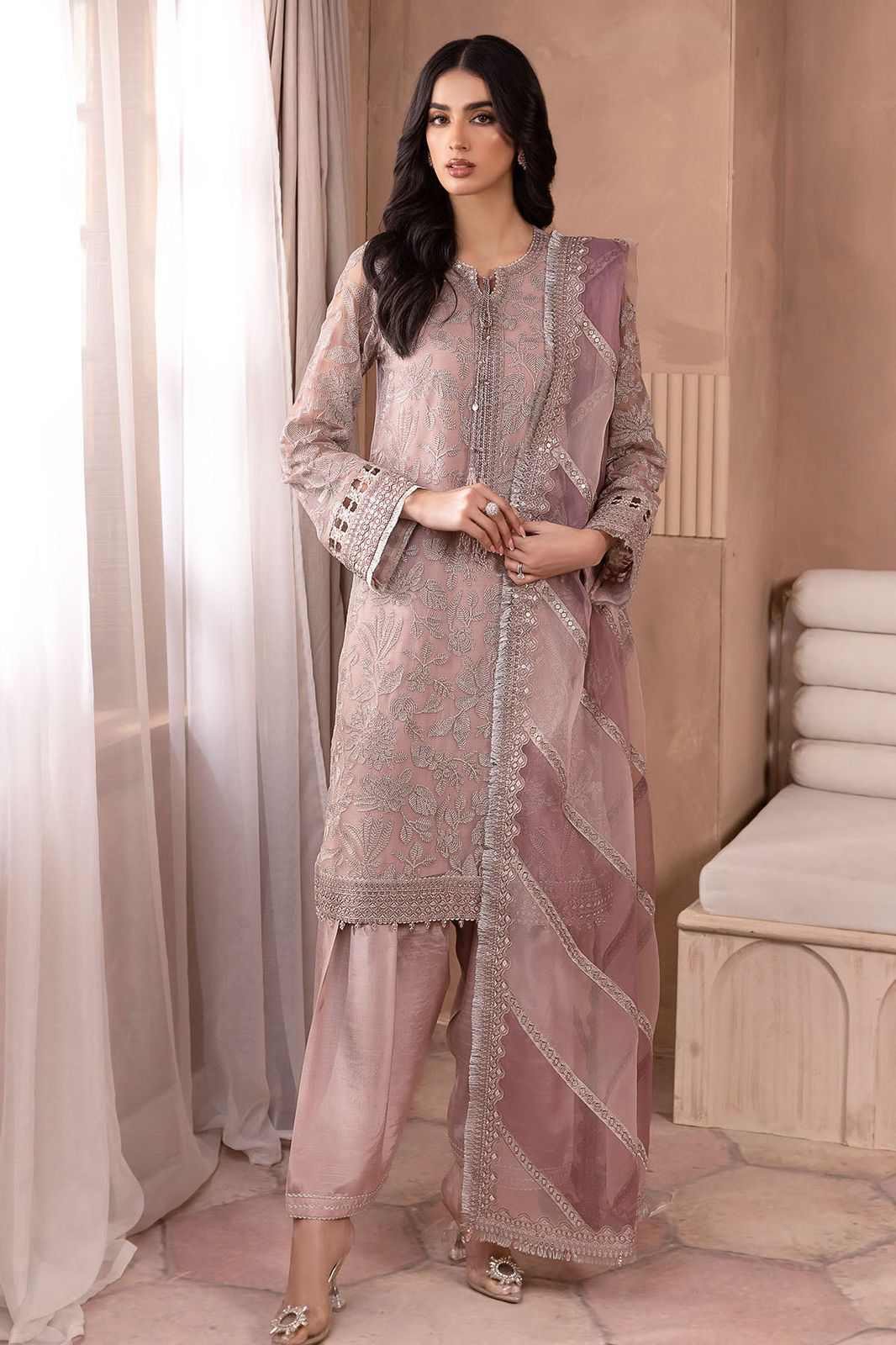 Embroidered Tea Pink Luxury Chiffon Dress