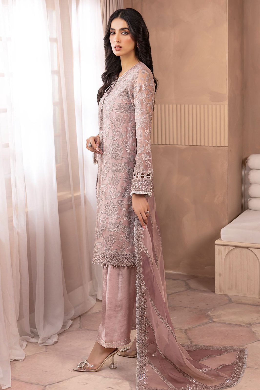 Embroidered Tea Pink Luxury Chiffon Dress