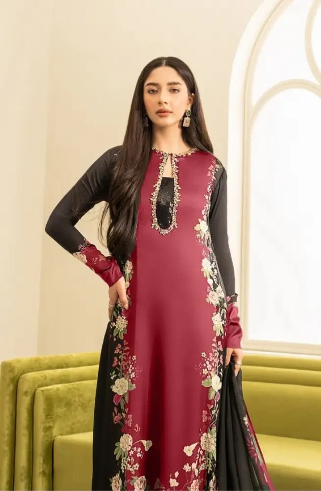 Lulusar Maroon Luxury Silk Dress