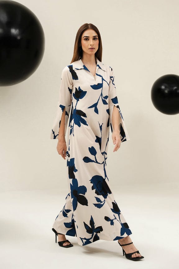 Lulusar Cream & Blue Luxury 2 Piece Silk Dress