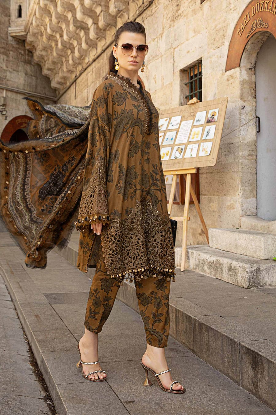 Maria B M Print Brown Luxury Lawn Dress