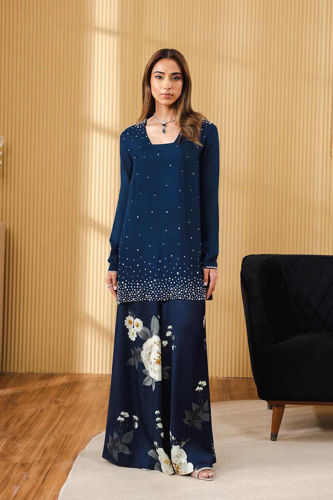 Lulusar Navy Blue Luxury Silk Dress