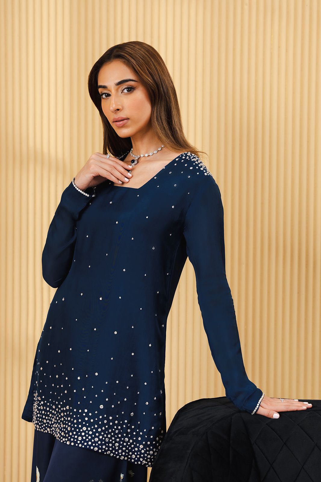 Lulusar Navy Blue Luxury Silk Dress