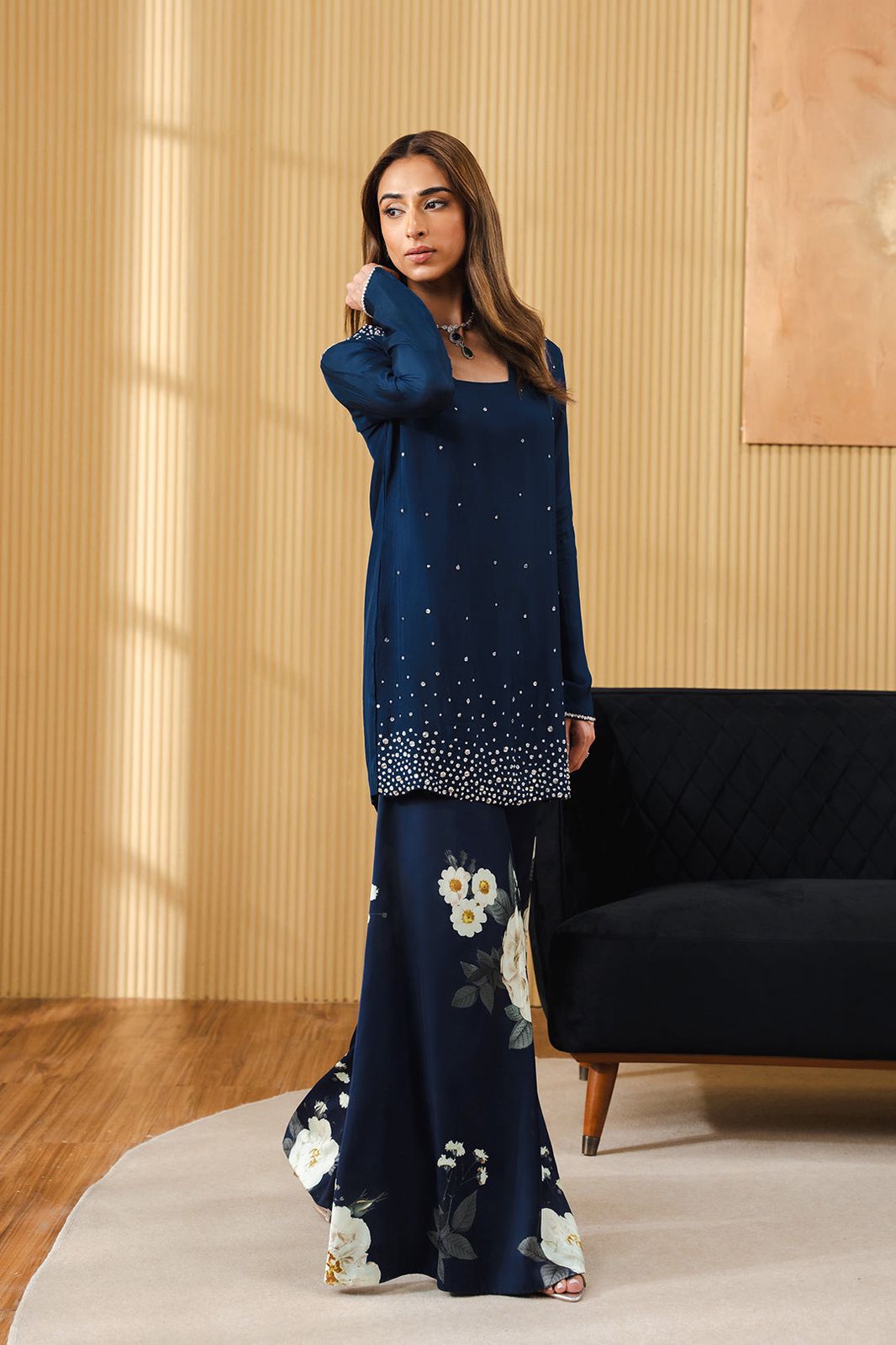 Lulusar Navy Blue Luxury Silk Dress