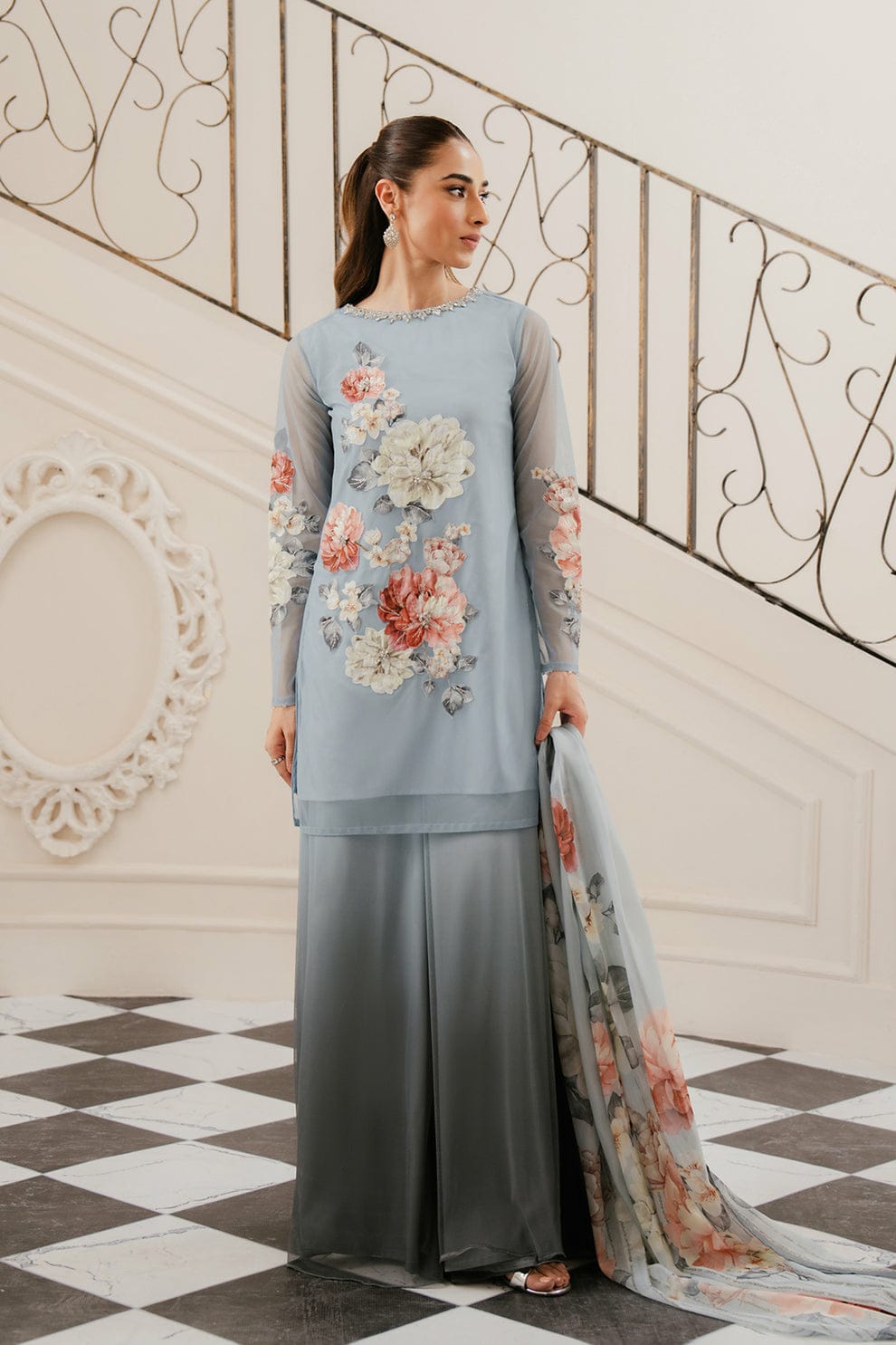 Lulusar Sky Blue Tie & Dye Luxury Silk Dress