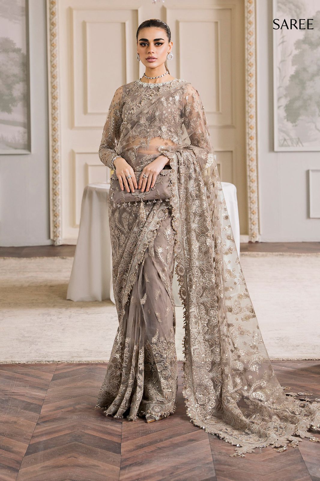 Embroidered Coffee Brown Luxury Net Saree