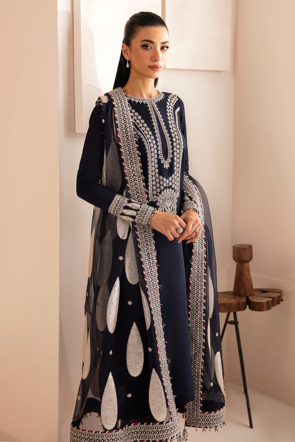 Embroidered Navy Blue  Luxury Raw Silk Dress