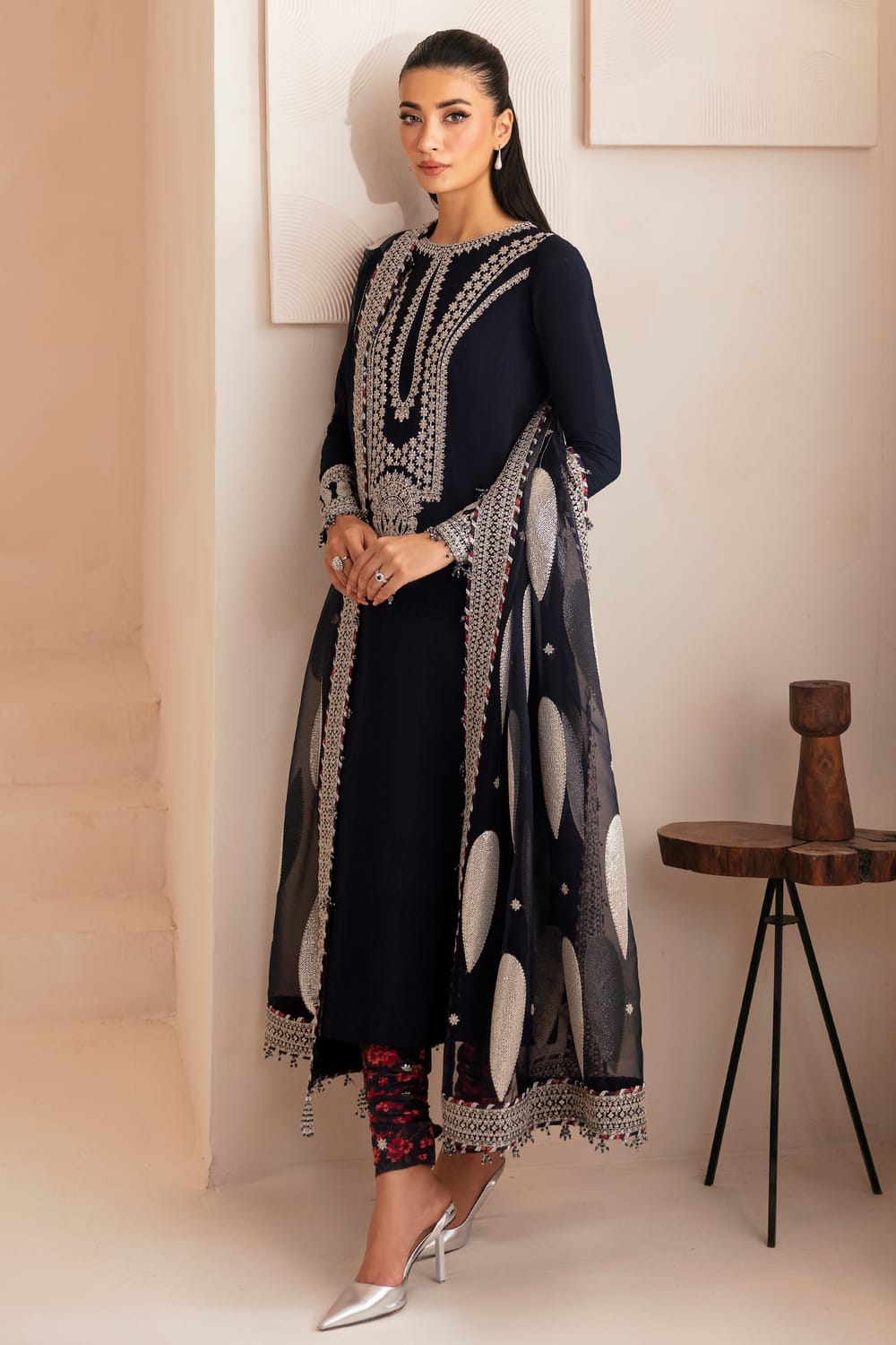 Embroidered Navy Blue  Luxury Raw Silk Dress