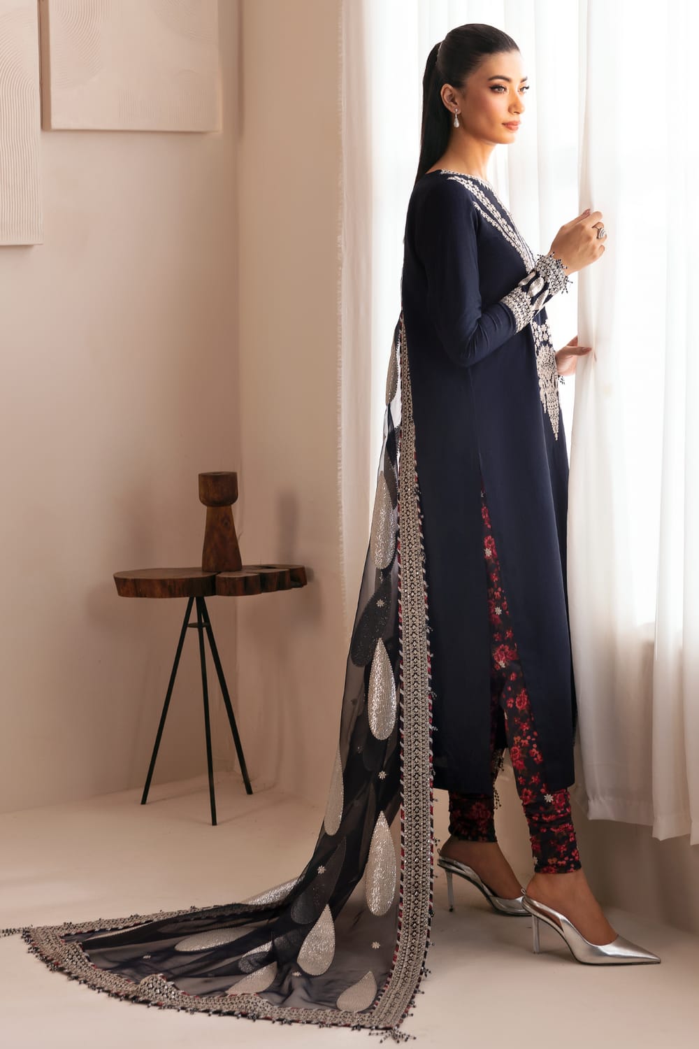 Embroidered Navy Blue  Luxury Raw Silk Dress