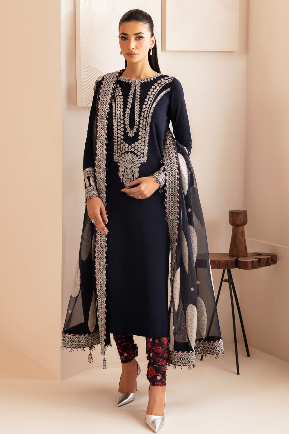 Embroidered Navy Blue  Luxury Raw Silk Dress