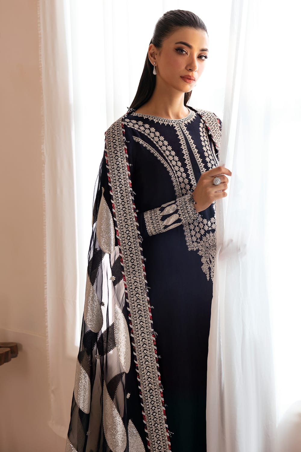 Embroidered Navy Blue  Luxury Raw Silk Dress