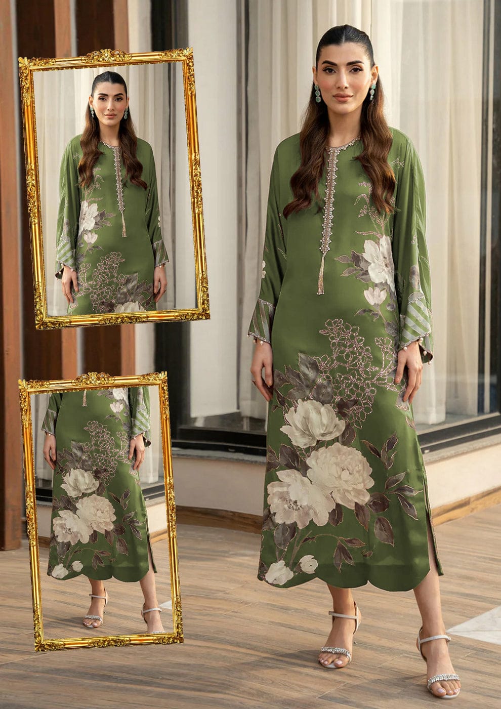 Lulusar Green & White Floral Luxury Silk Dress