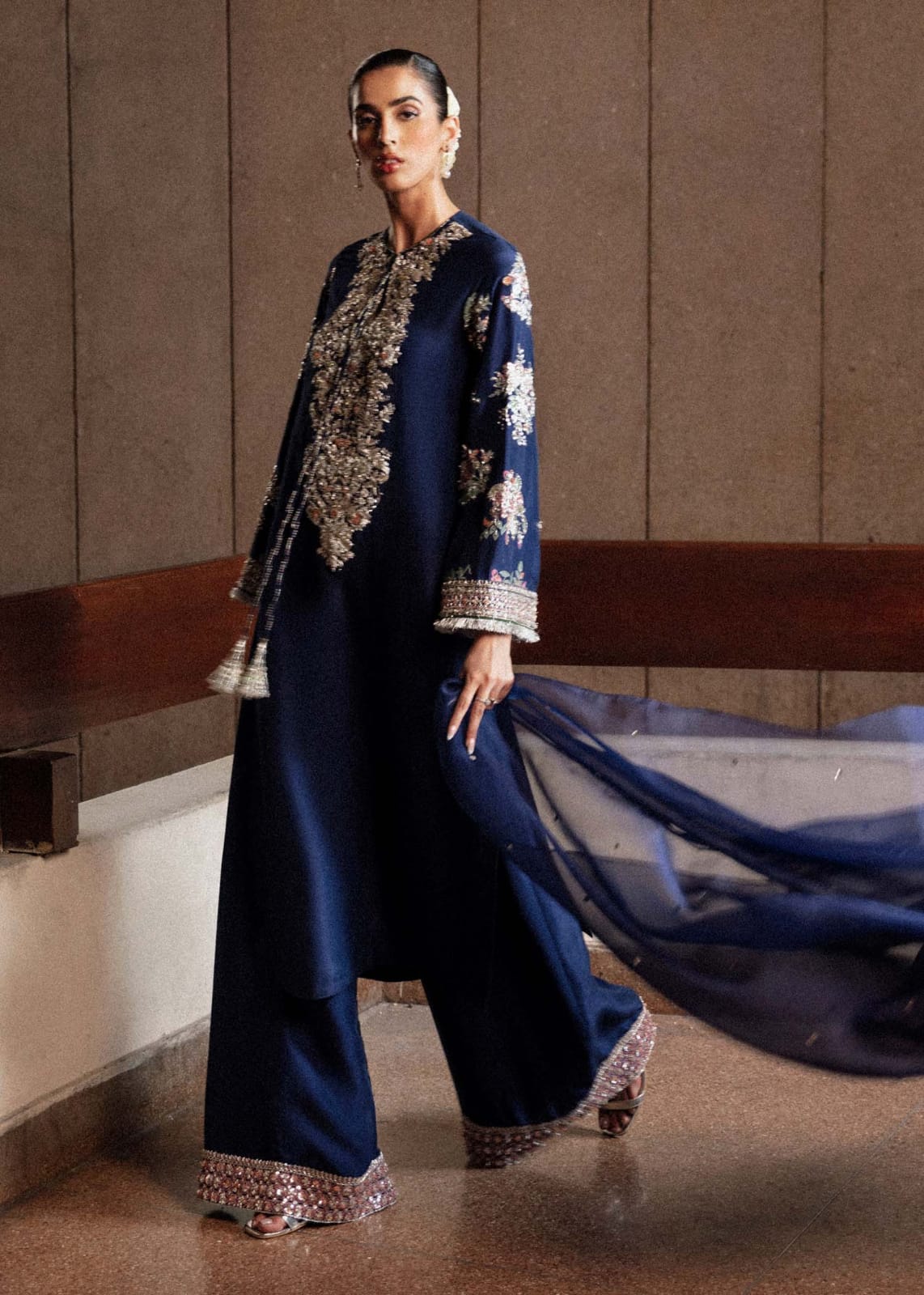 Hussain Rehar Blue Luxury Raw Silk Dress