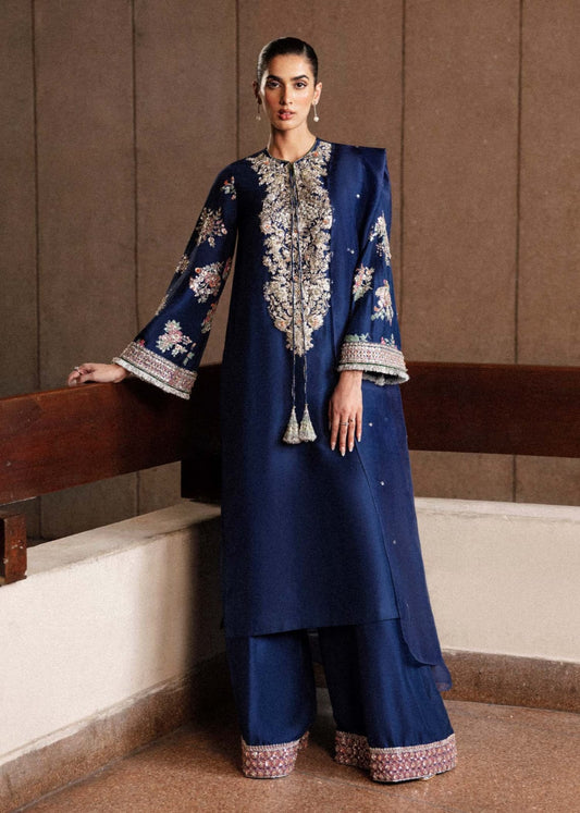 Hussain Rehar Blue Luxury Raw Silk Dress