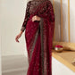 JZM Embroidered Maroon Luxury Velvet & Net Saree