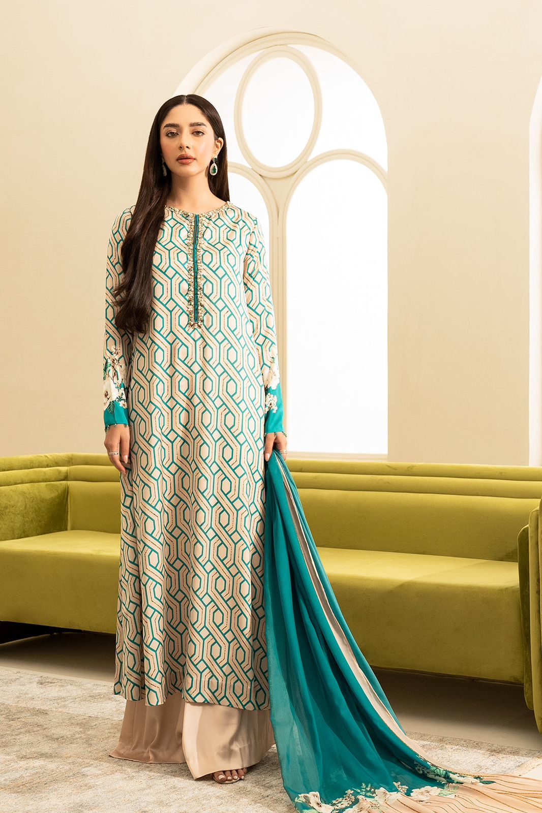 Lulusar Cream & Sea Green Luxury Silk Dress