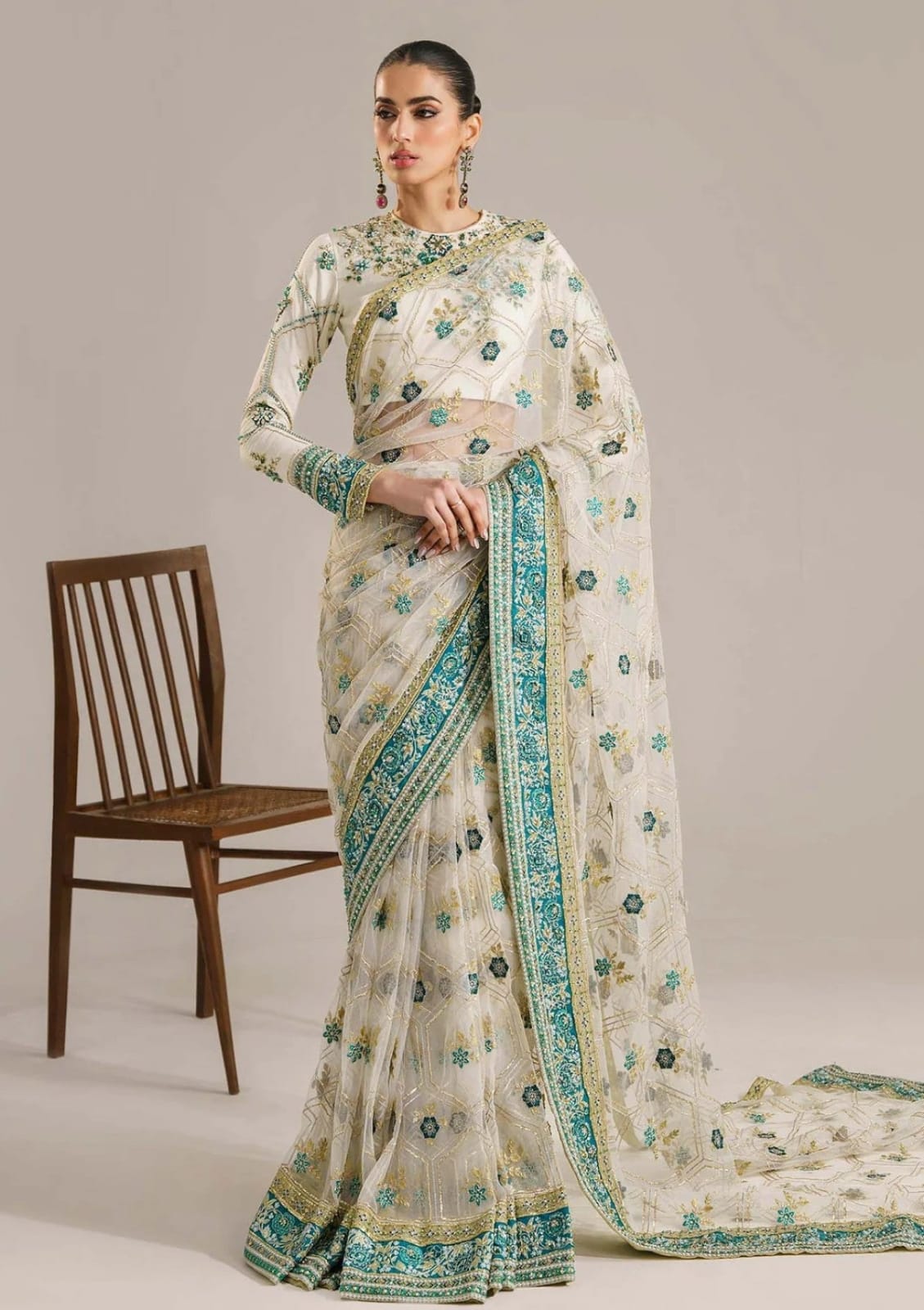 Embroidered White Luxury Net Saree