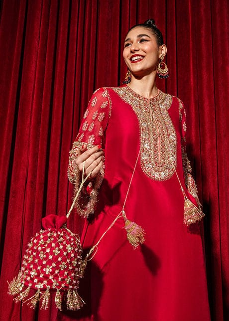 LSR Embroidered Red Luxury Silk Dress