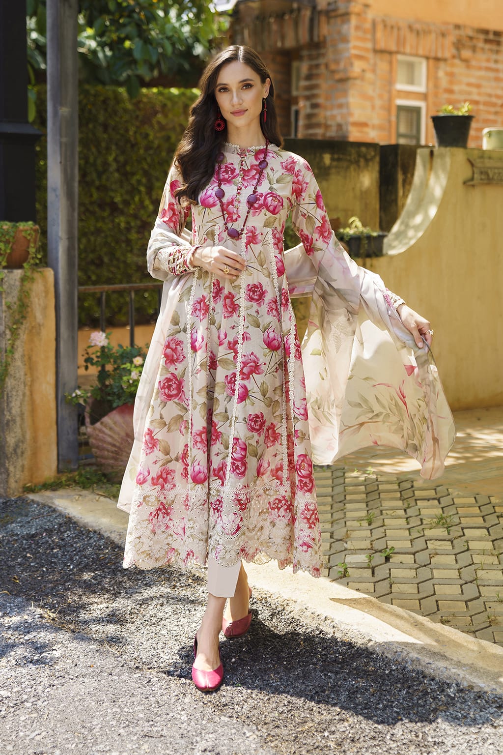 IZK Embroidered Cream Pink Flower Luxury Lawn Dress