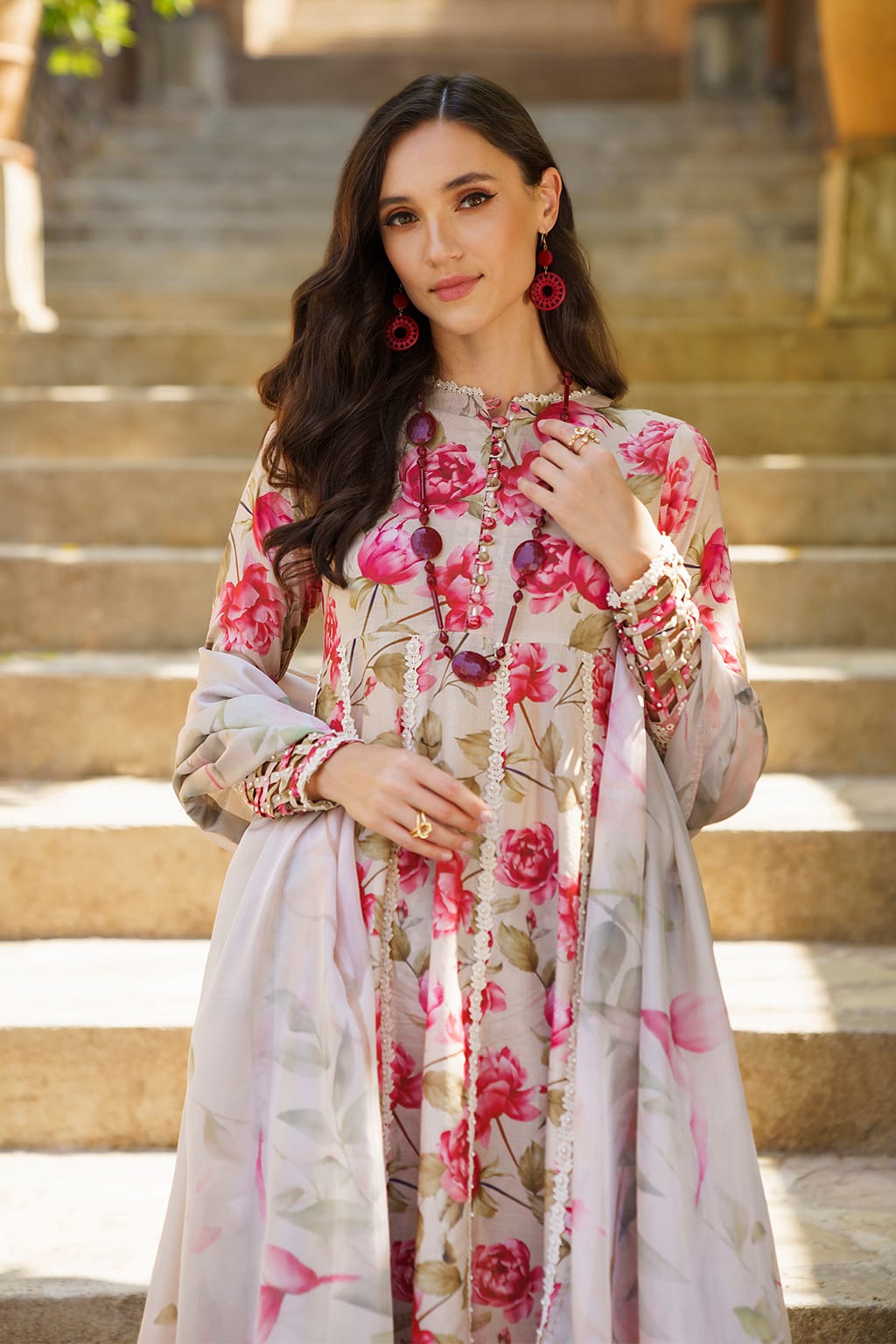 IZK Embroidered Cream Pink Flower Luxury Lawn Dress