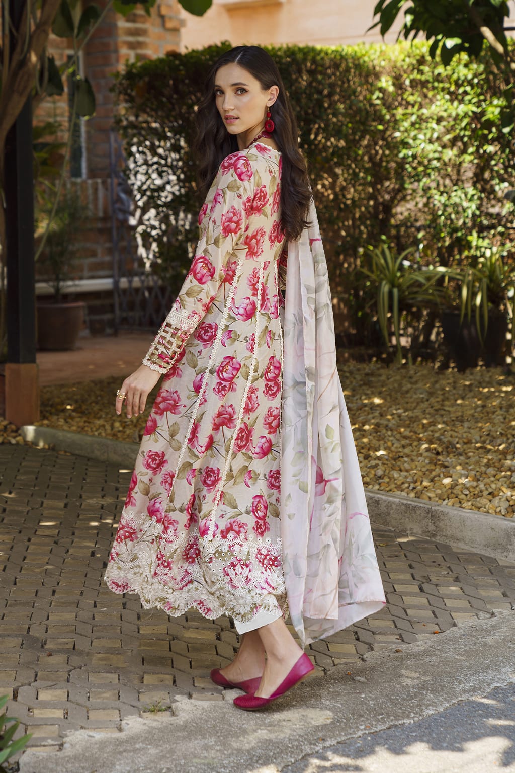 IZK Embroidered Cream Pink Flower Luxury Lawn Dress